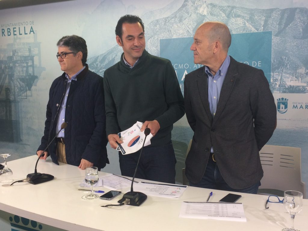 El portavoz municipal, Javier Porcuna (izq) y los ediles de Participación Ciudadana y Hacienda, Miguel Díaz y Manuel Osorio, presentan los datos de participación de los vecinos en los presupuestos de 2017. FOTO// marbellaconfidencial.es