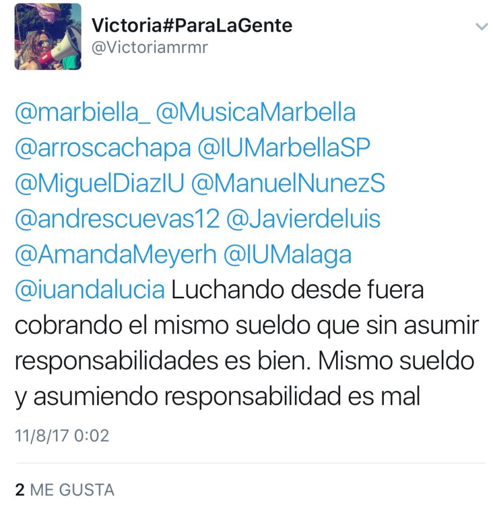 Tuit de la edil de IU Victoria Morales, crítica con el sueldo de la edil de Podemos Victoria Mendiola