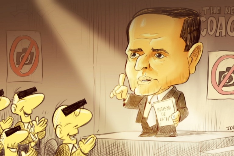 Viñeta a modo de caricatura de Carlos Fernández publicada en el diario Tiempo de San Juan (Argentina) que escenifica una charla del prófugo como coach en la que prohibe que le vean o fotografíen