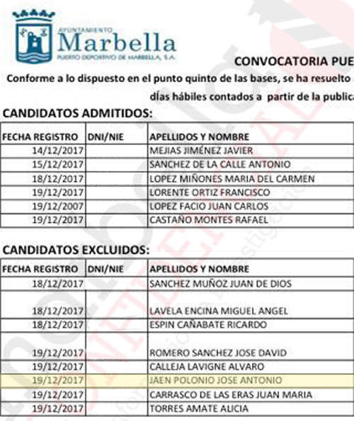 Subrayado en amarillo el nombre de José Antonio Jaén Polonio, entre los aspirantes a la plaza de director del Puerto Deportivo de Marbella.