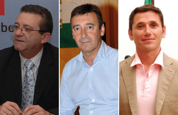 De izqda a drcha los exconcejales del PSOE Francisco Zori; Enrique Piñero y el exedil del Partido Popular Ángel Mora en imágenes de archivo