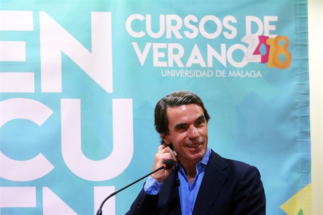 El expresidente del Gobierno José María Aznar este miércoles durante su intervención en un curso de verano de la UMA en Málaga. FOTO/ Alex Zea-EP