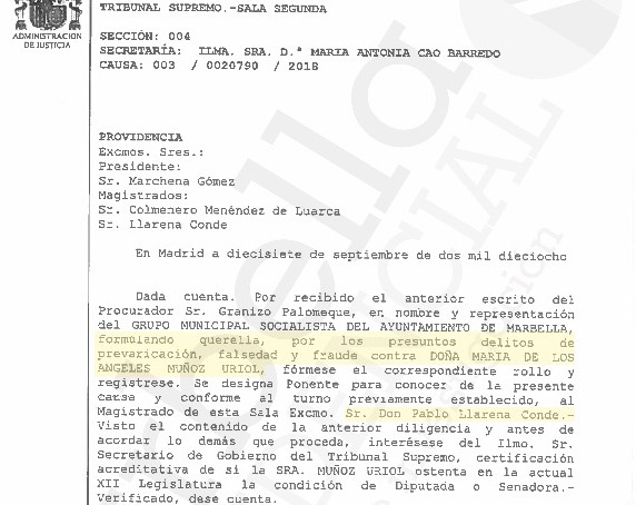 Providencia del Tribunal Supremo en la que se designa al magistrado Llarena como ponente de la querella contra la alcaldesa de Marbella y senadora del PP Ángeles Muñoz