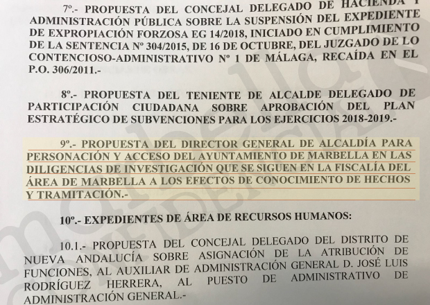 Imagen del punto del orden del día (subrayado) de la Junta de Gobierno Local (JGL) del Ayuntamiento de Marbella, celebrada el pasado 4 de septiembre, en la que se acordó la propuesta para enviar a Fiscalía