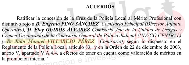 Documento del acta del pleno del Ayuntamiento de Marbella (25 de julio de 2014) en el que se ratifica la concesión de la medalla de la Policía Local a Villarejo, entre otros dos comisarios.