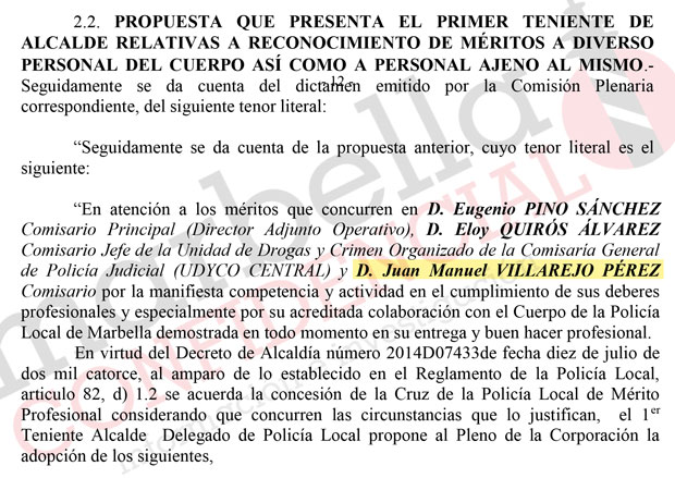 Propuesta que llevó al pleno del 25 de julio de 2014 el primer teniente de alcalde del PP y delegado de Seguridad, Félix Romero, para condecorar a Villarejo y otros mandos policiales. FUENTE/ Acta plenaria.