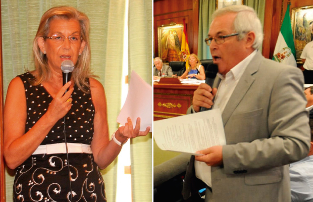 A la izquierda la edil del PP delegada de Urbanismo en Marbella, Kika Caracuel, y a la derecha el teniente de alcalde de San Pedro, Rafael Piña (OSP), durante un pleno. FOTOS/ MARBELLA CONFIDENCIAL