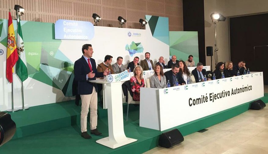 El presidente del PP-A, Juanma Moreno, este martes durante su intervención en el Comité Ejecutivo celebrado en Sevilla. FOTO/ @PPandaluz