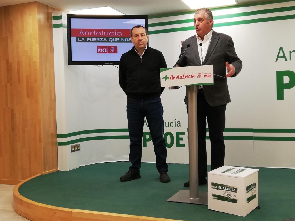 El coordinador parlamentario del PSOE de Málaga y exconsejero de Empleo, Javier Porcuna, durante su comparecencia de este lunes junto al secretario general provincial, José Luis Ruiz Espejo. FOTO/ PSOE