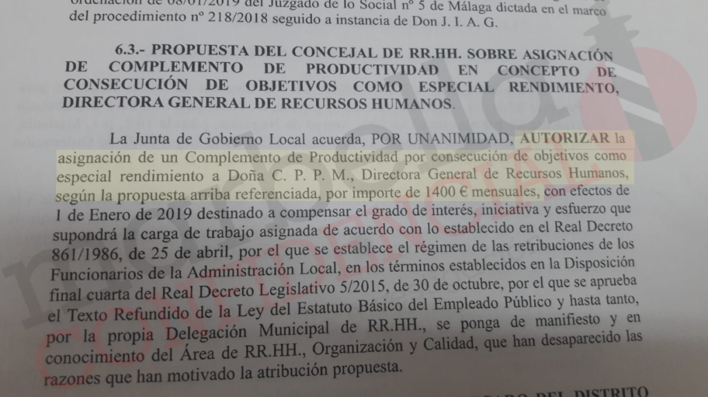 Imagen de la propuesta aprobada por la Junta de Gobierno Local de Marbella el pasado 4 de marzo, en la que se aprobó el plus para la directora general de Recursos Humanos, Carmen Pallarés (PP)