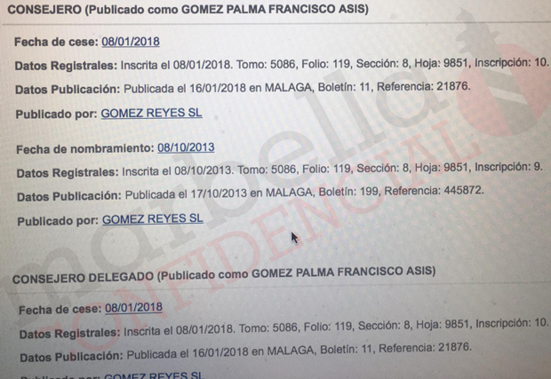 Documento del Registro Mercantil en el que consta el cese y nombramiento de Francisco Gómez Palma en Gómez Reyes S.L. cotitular de la parcela donde el Ayuntamiento de Marbella pretende instalar los aparcamientos