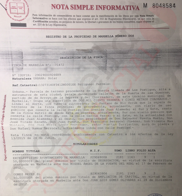 Nota simple del Registro de la Propiedad de Marbella sobre la parcela propiedad al 50% de Gómez Reyes S.L. y el Ayuntamiento de Marbella