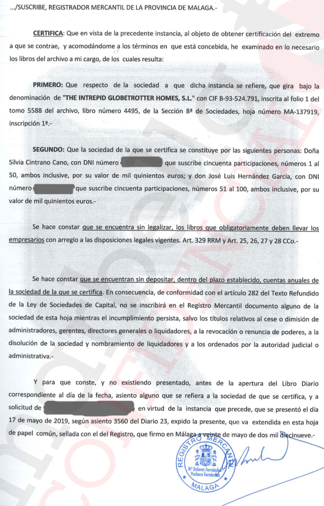 Certificación del Registro Mercantil de Málaga expedida el 20 de mayo sobre la sociedad de José Luis Hernández