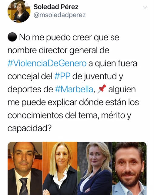 Tuit de la parlamentaria del PSOE Soledad Pérez, muy crítica con el nombramiento de Ángel Mora este martes.