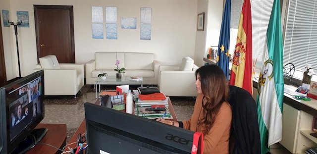 La delegada de Turismo de la Junta en Málaga, Nuria Rodríguez, durante una videoconferencia con empresarios del sector turístico. FOTO/ Junta